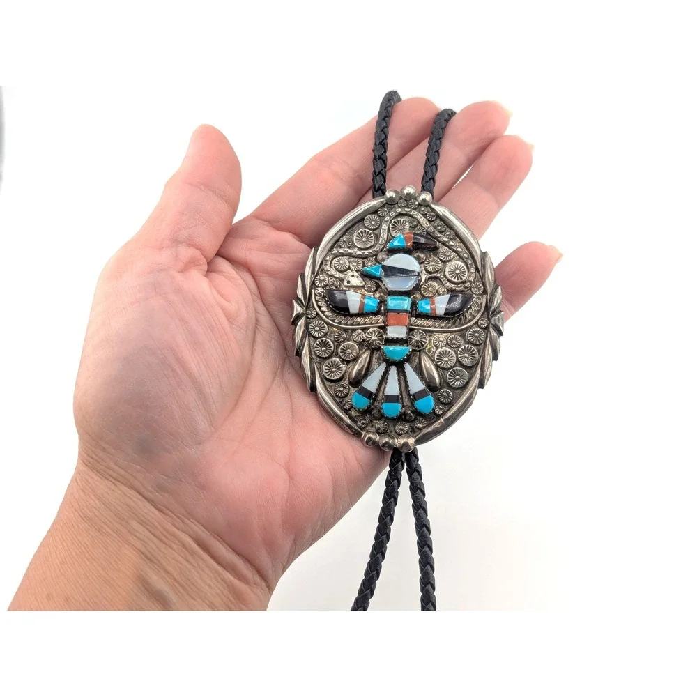 Rare Vintage Bolo Tie Museum Piece Leather Sterling Silver Southwest Accessory *